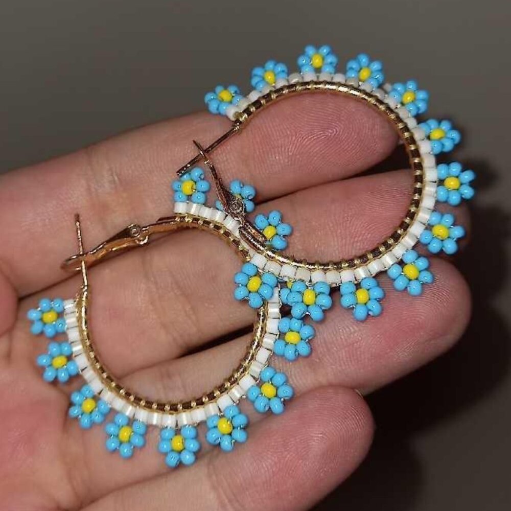 Handmade Beaded Daisy Hoop Earrings • Blue & Yellow Floral Boho Hoops
